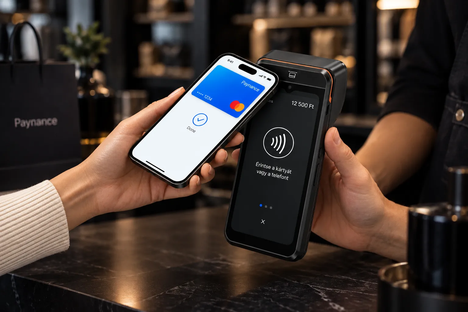 Érintéses fizetés telefonnal POS terminálon